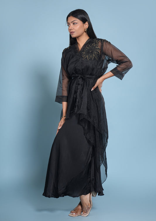 Black Organza Layered Shrug With Satin Dress