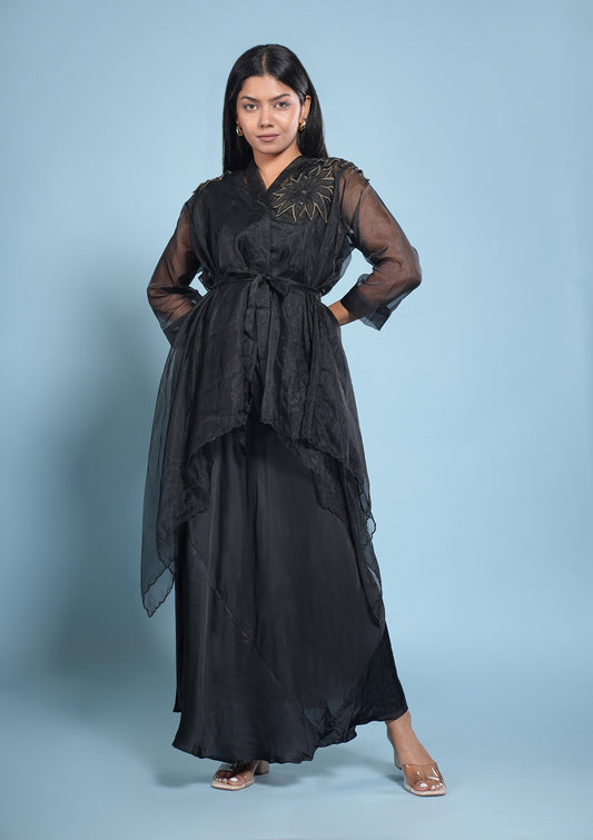 Black Organza Layered Shrug With Satin Dress