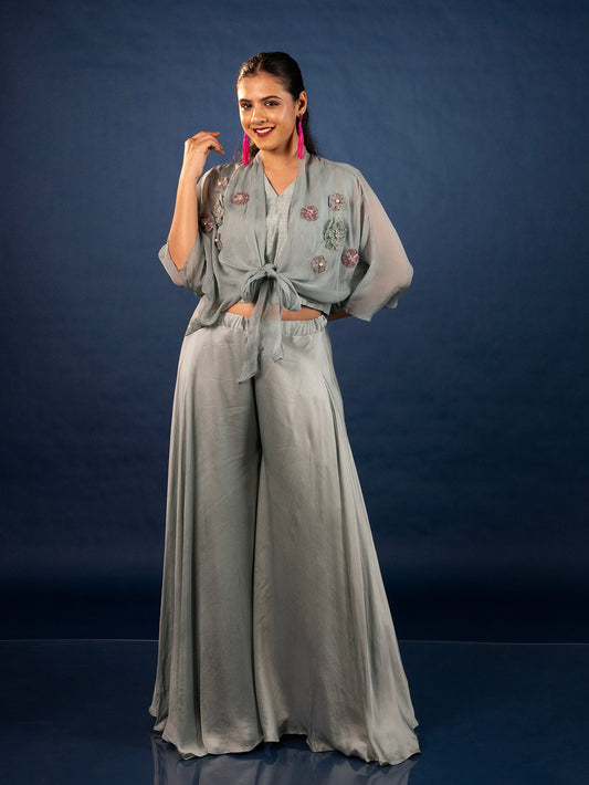 3D Floral Motif Crop Jacket & Palazzo Set - Sage Green