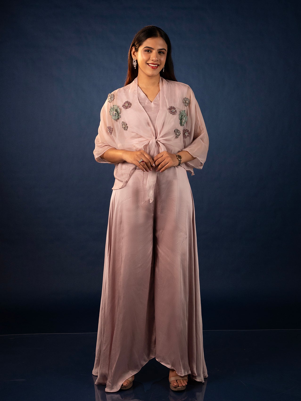 3D Floral Motif Crop Jacket & Palazzo Set- Powder Pink 3D Floral Motif Crop Jacket & Palazzo Set- Powder Pink