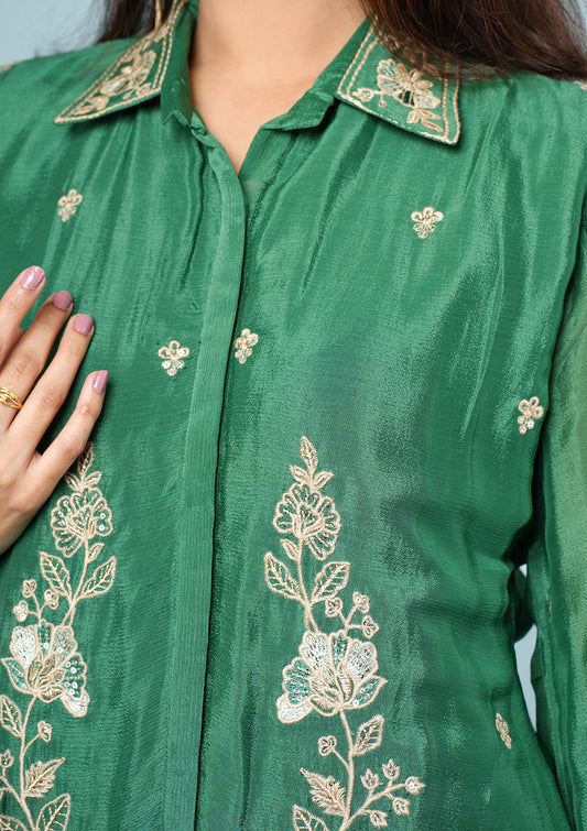 Bottle Green Pure Chinon Embroidered Co-ord Set