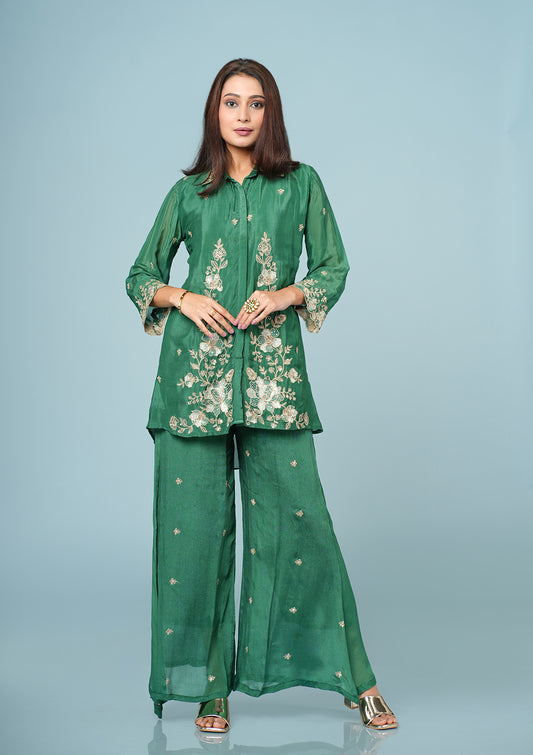 Bottle Green Pure Chinon Embroidered Co-ord Set