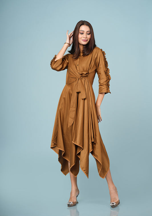 Stylish Pleated Ruffle Dress - Mocha Brown