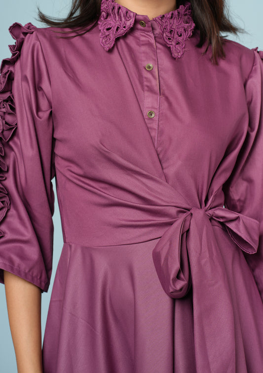 Stylish Pleated Ruffle Dress - Magenta