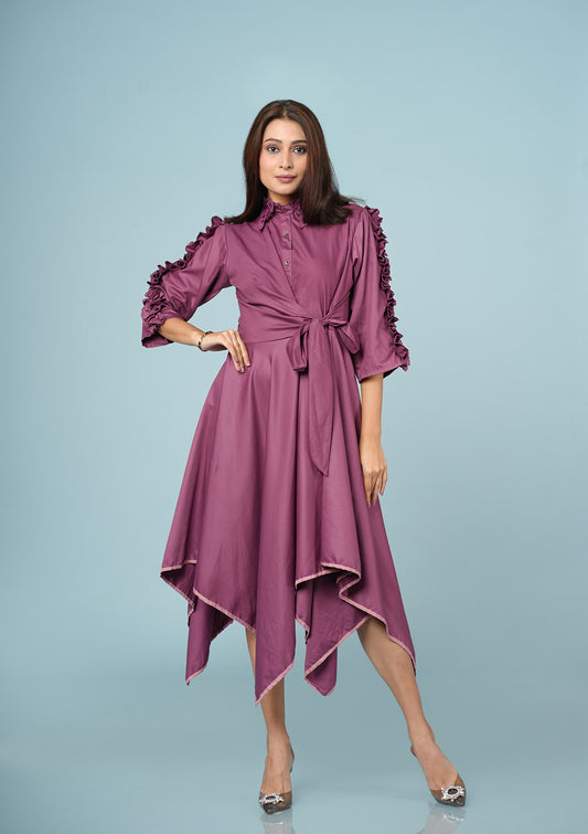 Stylish Pleated Ruffle Dress - Magenta
