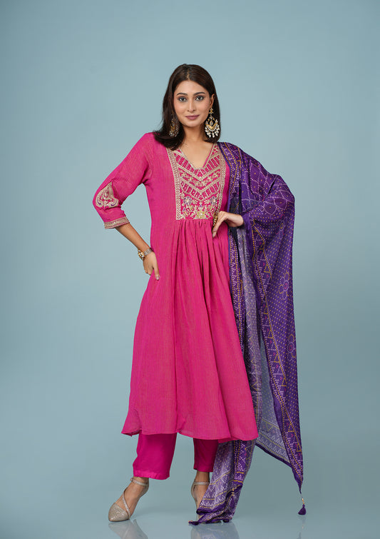 Pure Chinon Embroidered Suit With Bandhani Print Dupatta