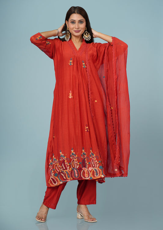 Kashmiri Embroidery Pure Mul Chanderi Suit