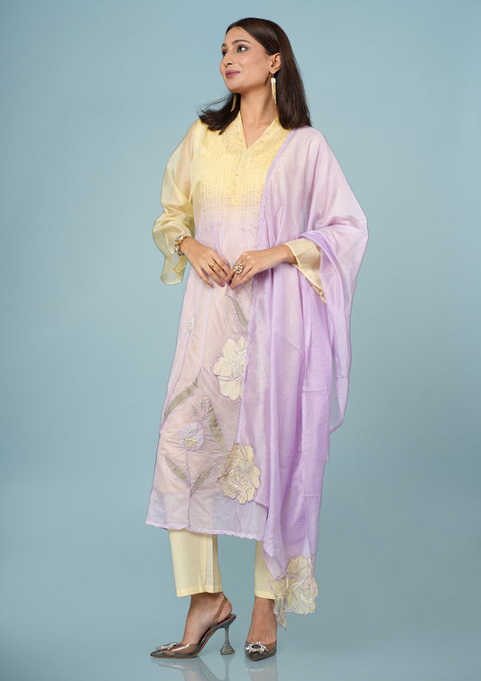 Ombre Mul Chanderi Set with Paisley & Floral Embroidery