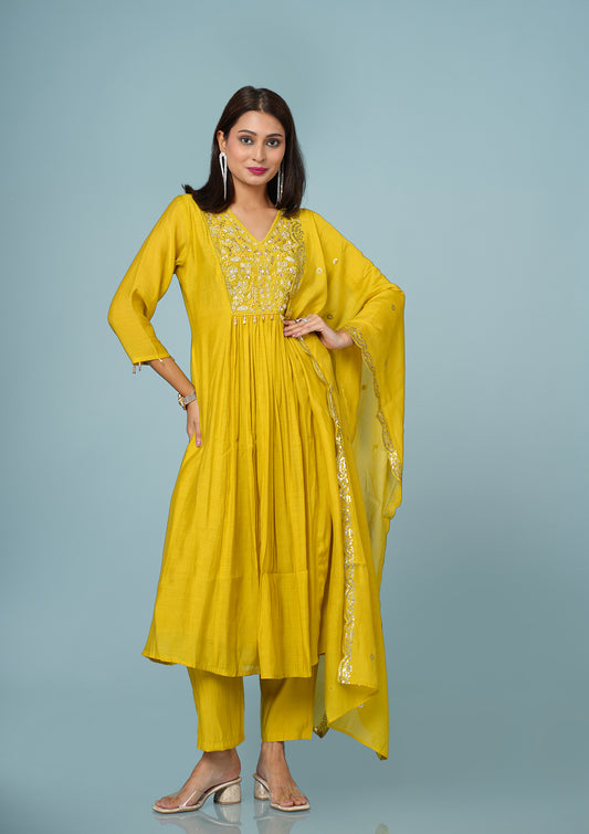 Lime Yellow Hand Embroidered Suit