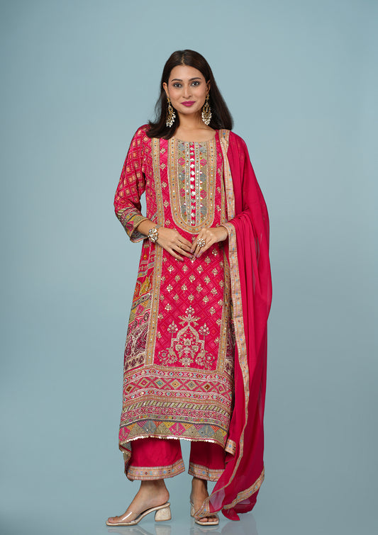 Pure Crepe Digital Print Suit with Coin & Zari Detailing