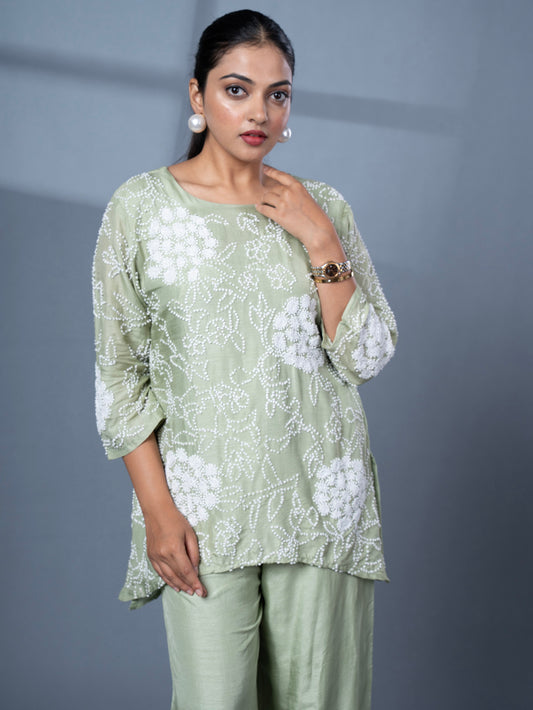 French Knot Embroidered 2 Piece Set with Scalloped Hem