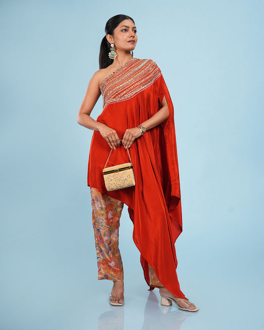 Ruby One Shoulder Cape Co-Ord Set With Printed Pant