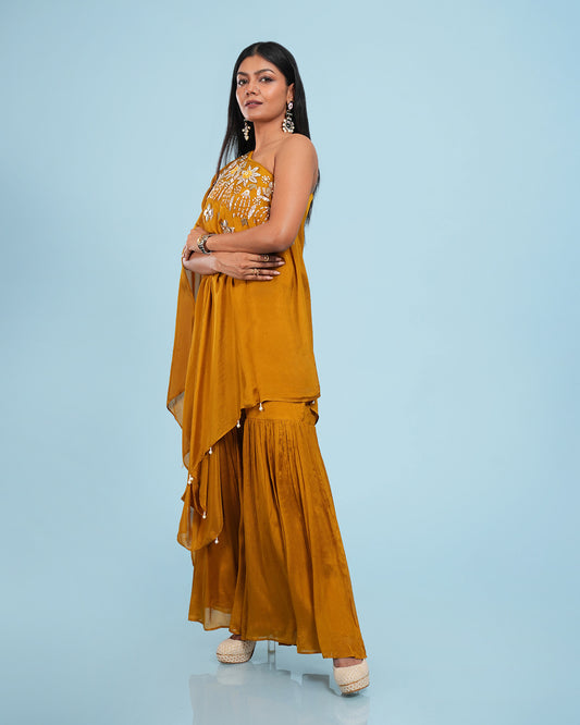 One-Shoulder Hand Embroidered 3D Draped Set With Sharara Pant