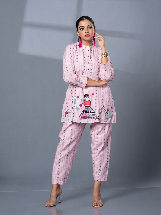 Hand Embroidered Cotton Co-Ord Set - Baby Pink