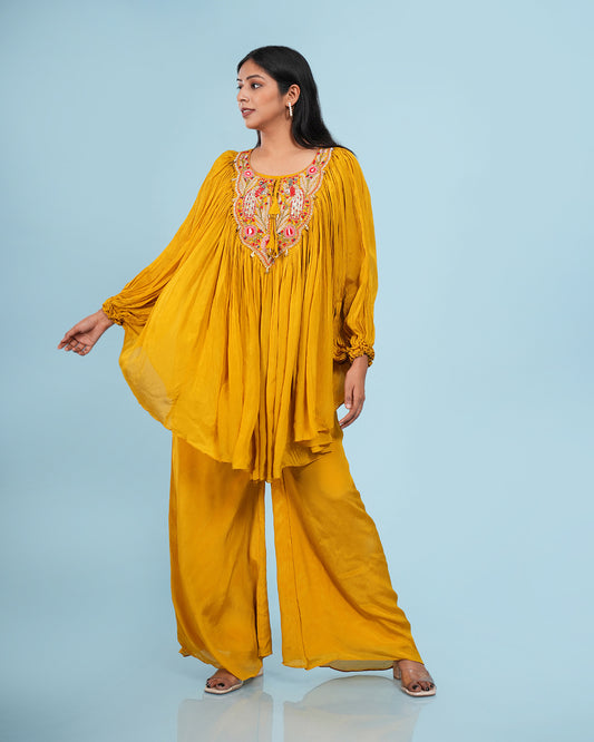 Mustard Hand Embroidered Pleated Co-Ord Set