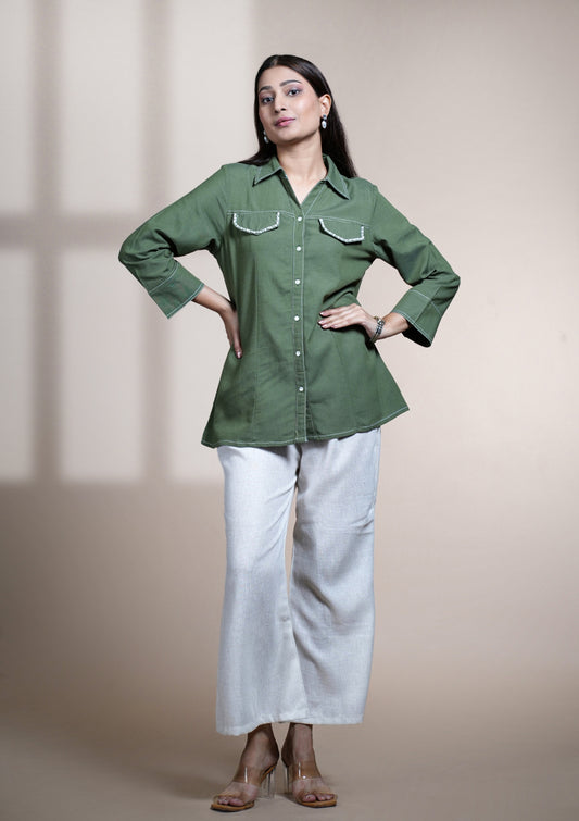 Olive Pearl Cotton Shirt