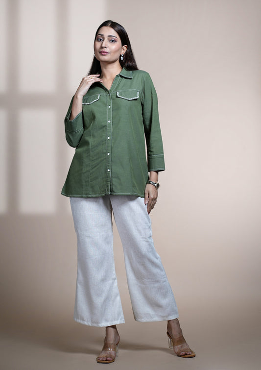 Olive Pearl Cotton Shirt