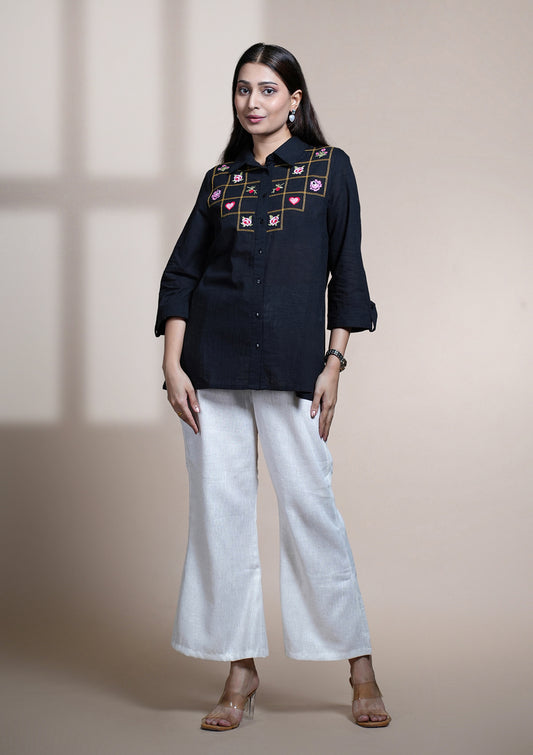 Black Cotton Embroidered Shirt
