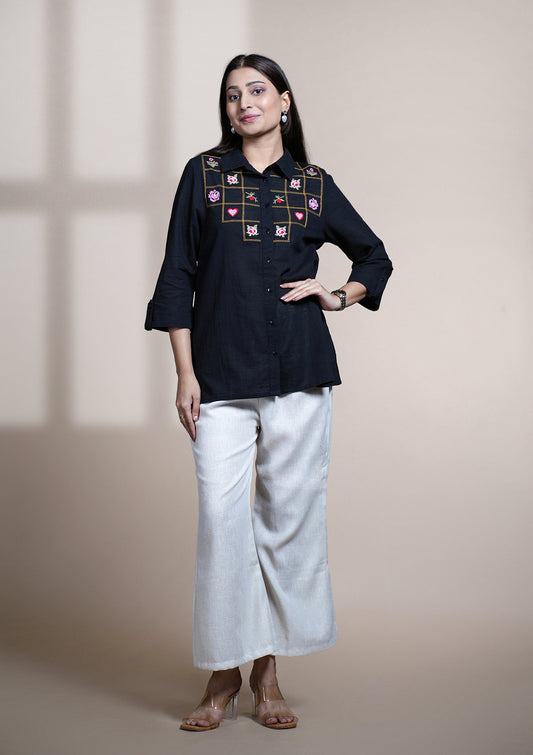 Black Cotton Embroidered Shirt