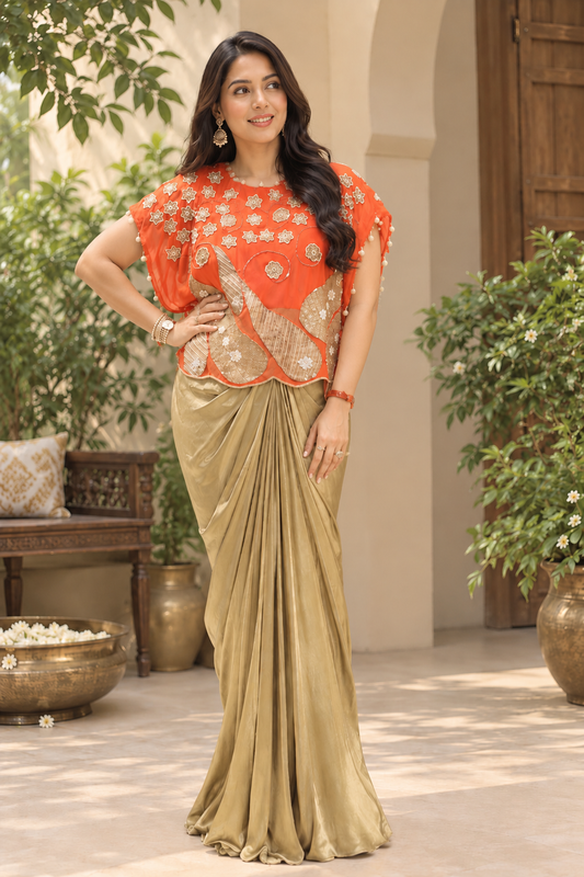 Embellished Organza Tie-Up Top & Drape Skirt Set