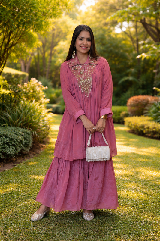 Blush Pink Chinnon Pleated Sharara Set