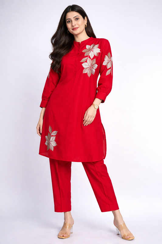 Red Co-Ord Set With Zari Detailing