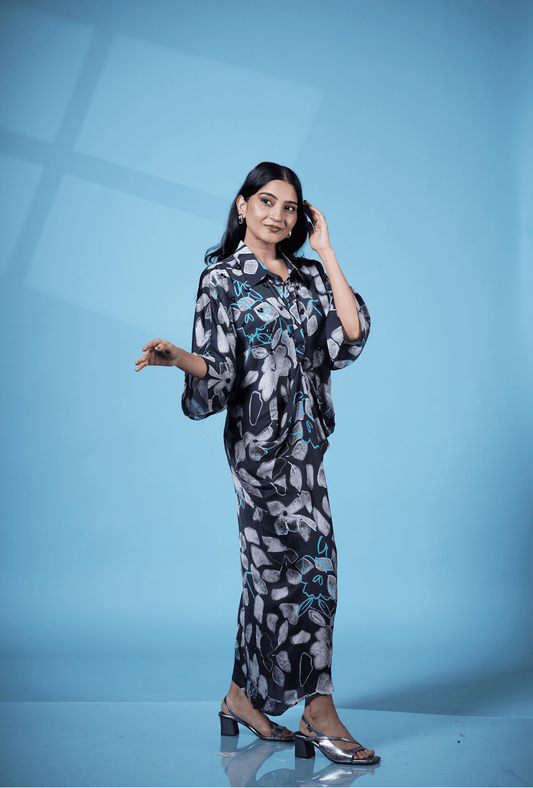 Printed Embellished Satin Drape Dress