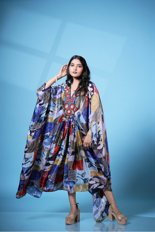 Printed Kaftan With Embellished Neckline