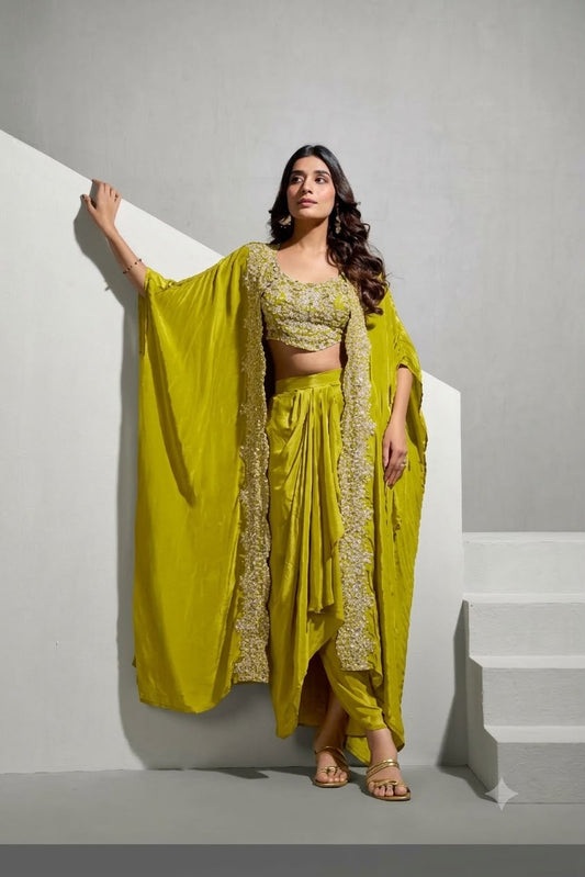 Amara Embellished Cape-Skirt Set- Olive Green