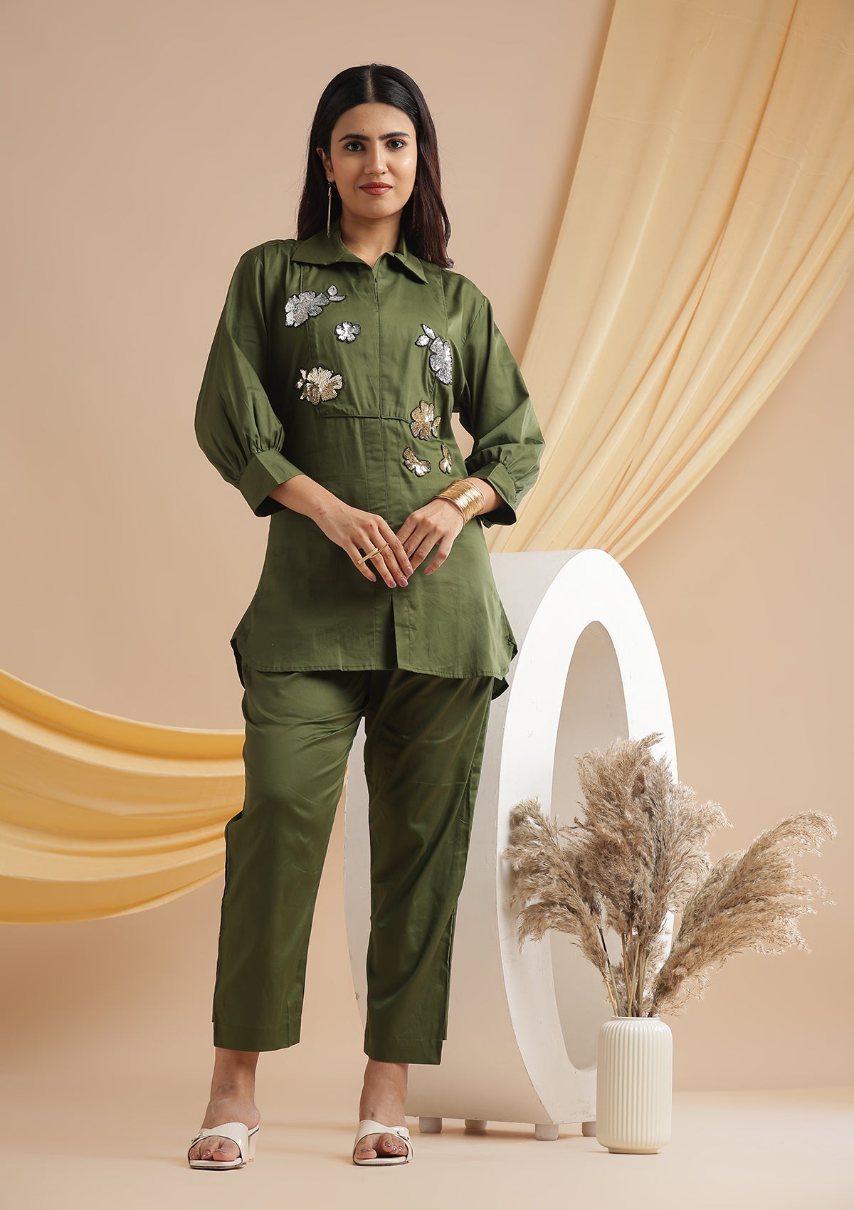 Sequined Gold & Silver Floral Patchwork Coord Set - Olive Green