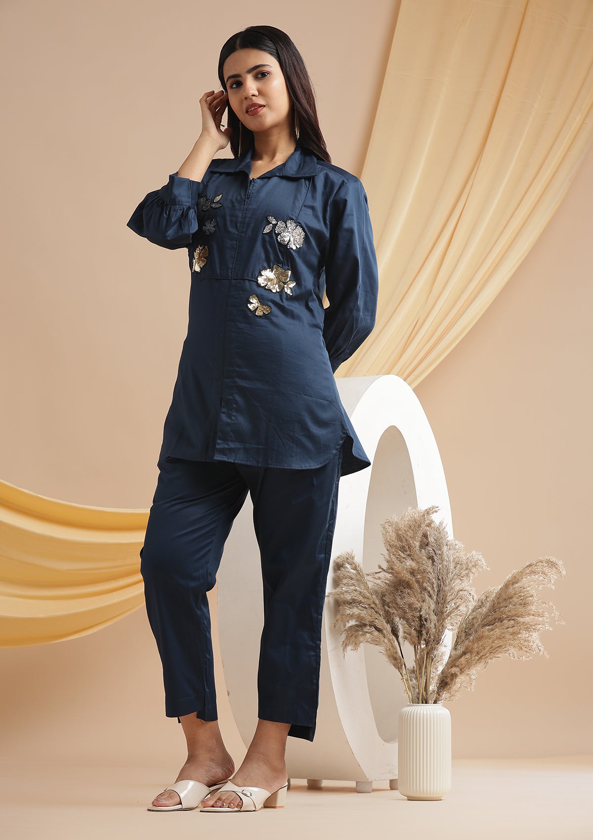 Sequined Gold & Silver Floral Patchwork Coord Set - Royal Navy Blue