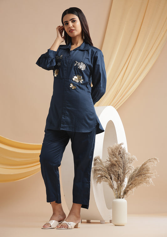 Sequined Gold & Silver Floral Patchwork Coord Set - Royal Navy Blue