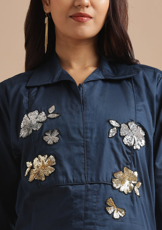 Sequined Gold & Silver Floral Patchwork Coord Set - Royal Navy Blue