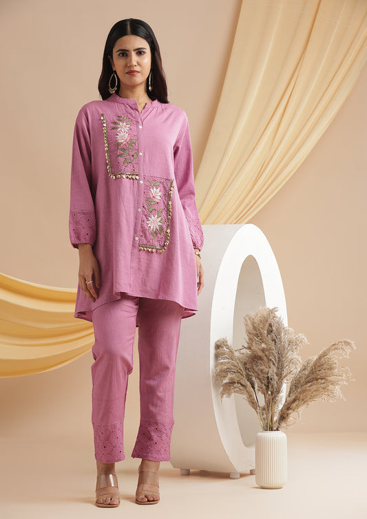 Linen Cotton Co-Ord Set With Schiffli Work & Thread Detailing - Mauve