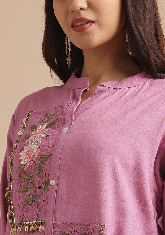 Linen Cotton Co-Ord Set With Schiffli Work & Thread Detailing - Mauve