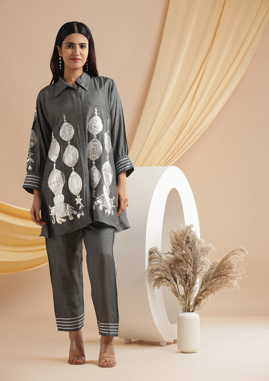 Silver Leather Applique With Thread Embroidery Co-Ord Set - Cement Grey