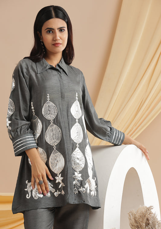 Silver Leather Applique With Thread Embroidery Co-Ord Set - Cement Grey