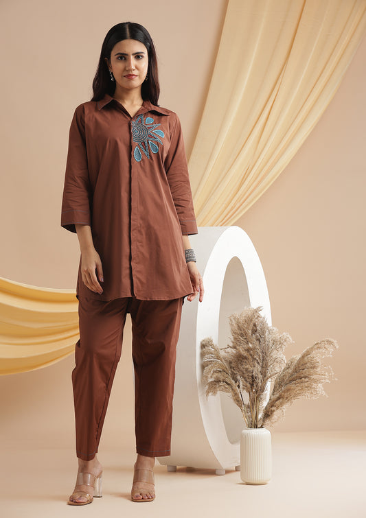 Half Floral Embroidered Co-ord Set - Brown