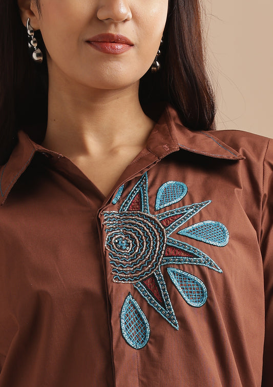 Half Floral Embroidered Co-ord Set - Brown