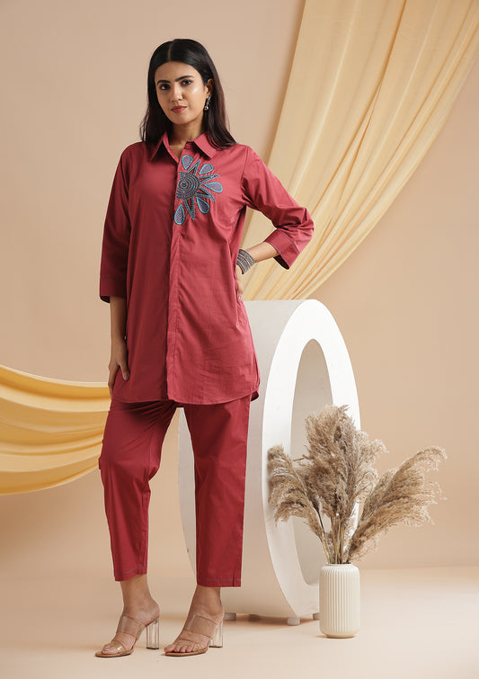 Half Floral Embroidered Co-ord Set - Berry Maroon