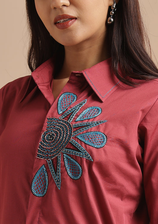 Half Floral Embroidered Co-ord Set - Berry Maroon