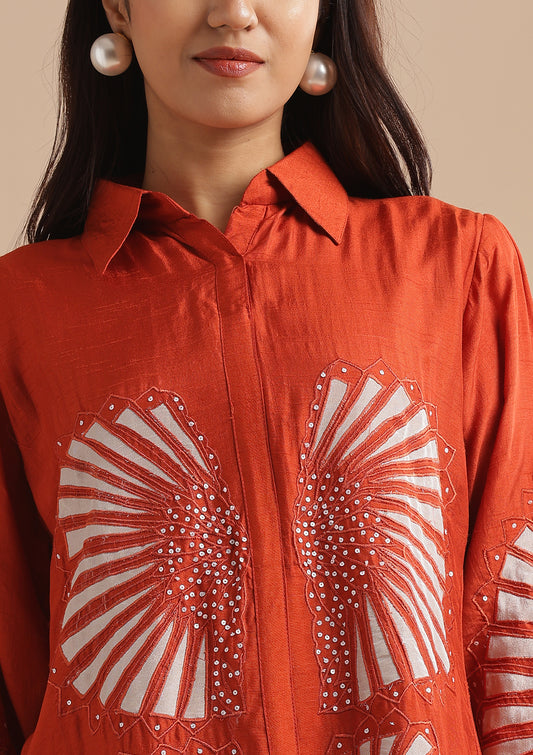 Bell Sleeves Sequin and Threadwork Floral Embroidered Co-Ord Set - Orange