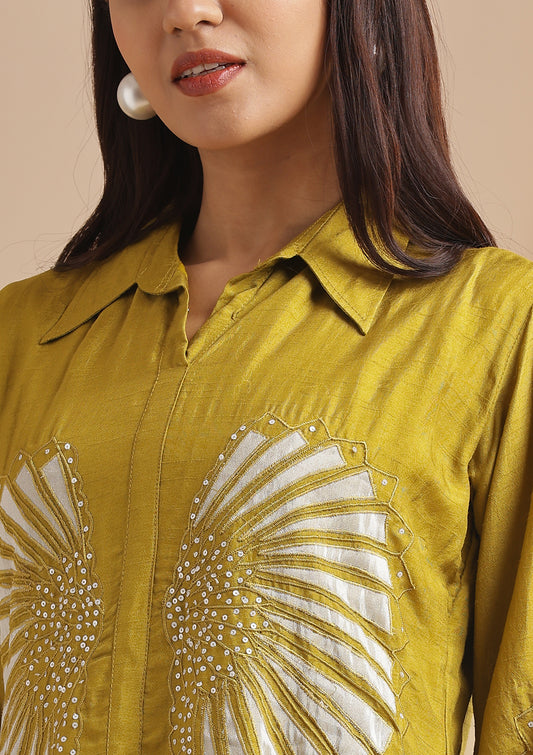Bell Sleeves Sequin and Threadwork Floral Embroidered Co-Ord Set - Mustard Yellow