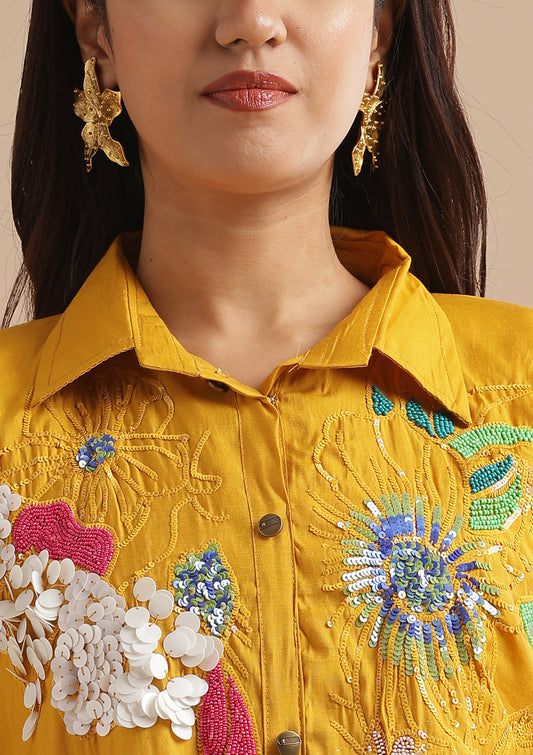 Handcrafted Colourful Sequin and Shell Detailing Work Co-Ord Set - Mustard Yellow