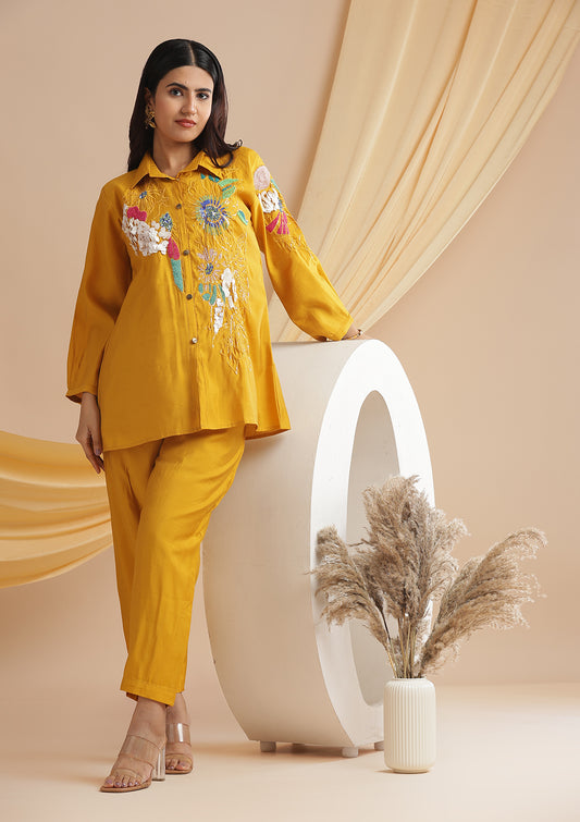 Handcrafted Colourful Sequin and Shell Detailing Work Co-Ord Set - Mustard Yellow