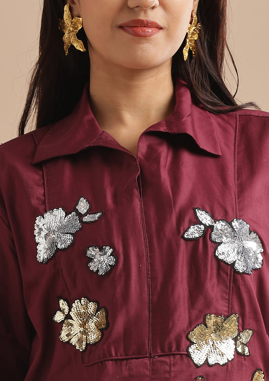 Sequined Gold & Silver Floral Patchwork Coord Set - Wine