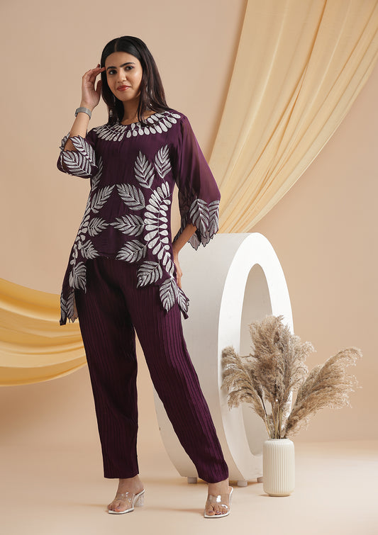3 Piece Organza Leaf Cutwork Co-Ord Set - Dark Plum