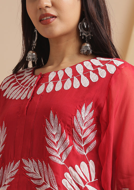 3 Piece Organza Leaf Cutwork Co-Ord Set - Cherry Red