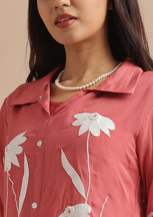 3 Piece Organza Floral Motif Co-Ord Set - Flamingo Pink