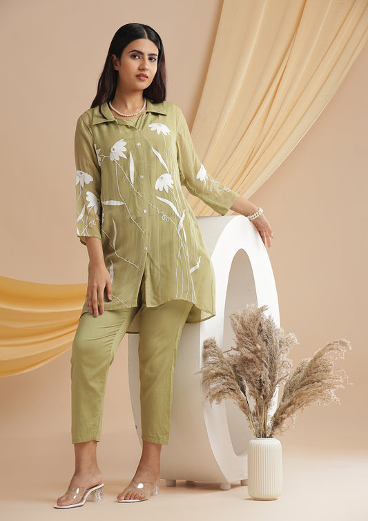 3 Piece Organza Floral Motif Co-Ord Set - Pistachio Green